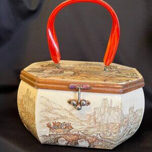 Vintage 70's Anton Pieck Castle Scene Wooden Handbag — Octagonal, Lucite Handle
